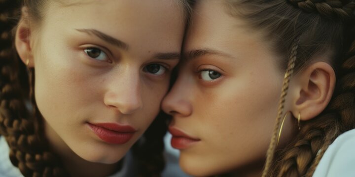 Two young girls with braided hair looking directly at the camera. Perfect for portraits or lifestyle themes