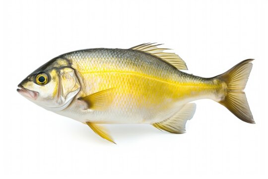 A fish standing upright on a white surface. Perfect for aquatic-themed designs and illustrations