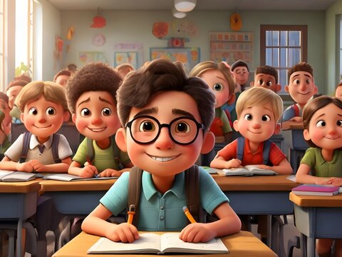 Illustration einer Gruppe von Schulkindern in einem Klassenraum in Comic Style