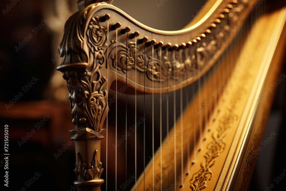 Poster A detailed view of the strings on a harp. This image can be used to showcase the intricate design and craftsmanship of a harp. Perfect for music-related projects or articles