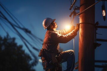 A man standing on a telephone pole with a light on. Suitable for illustrating electrical work or nighttime street scenes - Powered by Adobe