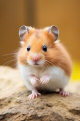 A cute brown and white hamster sitting on top of a rock. Suitable for animal lovers and pet-related content