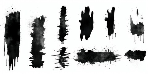 A collection of black ink splatters on a clean white background. Suitable for various design projects and creative applications