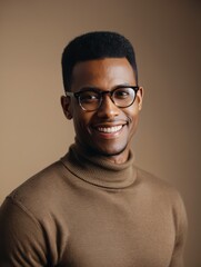 Obraz premium A man with glasses and a turtle neck smiles in front of a brown background.