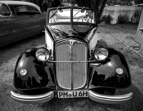 WERDER (HAVEL), GERMANY - MAY 20, 2023: The small family car DKW F8. Black and white. Oldtimer - Festival Werder Classics 2023