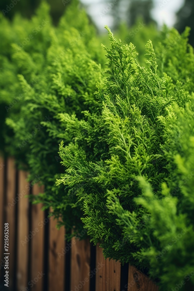 Poster a close-up view of a row of trees near a fence. this image can be used to depict nature, landscape, 