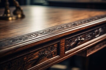 A detailed close-up view of a wooden desk with intricate carvings. This image can be used to add a touch of elegance and craftsmanship to any project or design