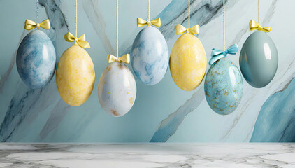Wielkanoc, wiszące kolorowe jajka z marmuru