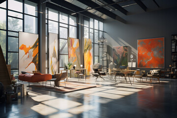 modern art studio with a wall of floor-to-ceiling window - obrazy, fototapety, plakaty