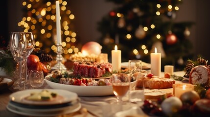 A beautifully set table for a festive holiday dinner. Perfect for showcasing elegant dining arrangements.