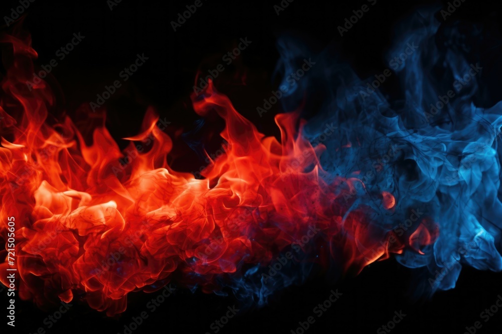 Poster close-up view of red and blue fire on a black background. suitable for various uses