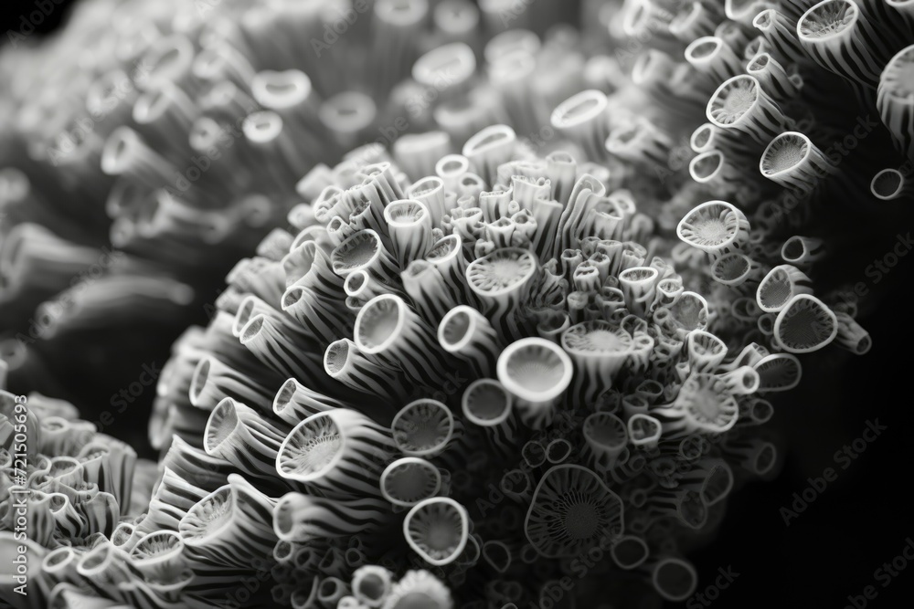 Poster A black and white photo showcasing a sea anemone. This versatile image can be used to add a touch of elegance and simplicity to various projects