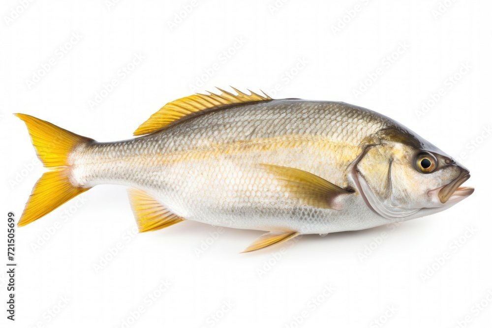Poster a detailed close-up shot of a fish placed on a clean white surface. perfect for illustrating marine 