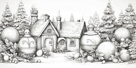 A drawing of a house surrounded by Christmas trees. Perfect for holiday-themed designs and festive decorations