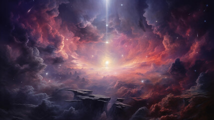 Nebulaic clouds illuminated by the distant glow of cosmic rays and celestial bodies, a cosmic painting