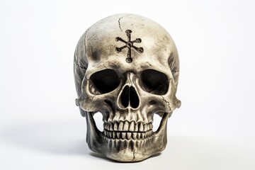 A skull with a cross symbol on its forehead. Can be used for religious or gothic-themed designs