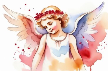 Illustration watercolour of greeting card white, cute, funny baby cupid angel with gold curly hair on pastels background. Promotion, shopping template for love and valentines, mothers day concept.