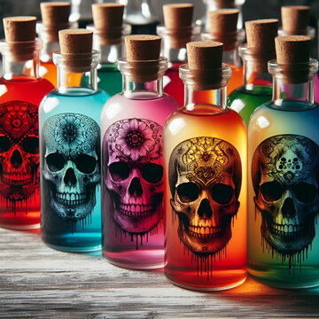 A Row of Old Fashioned Vintage Glass Vial Bottle Jars with Corks Filled with Different Brightly Colored Deadly Potion Poison Venom Liquid with Scary Halloween Skull Images, Wooden Floor Methyl Alcohol