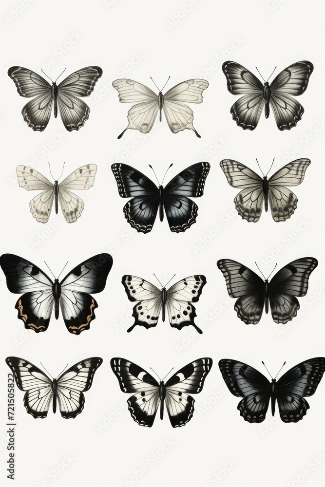 Poster A beautiful collection of butterflies displayed on a clean white background. Perfect for adding a touch of nature to any design or project