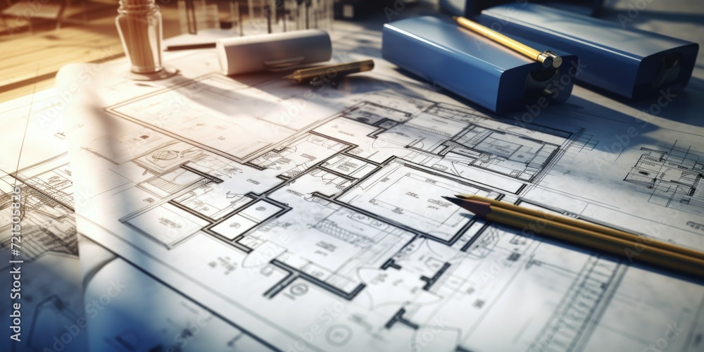 Poster A blueprint with a pencil on top of it. Suitable for architectural and engineering concepts