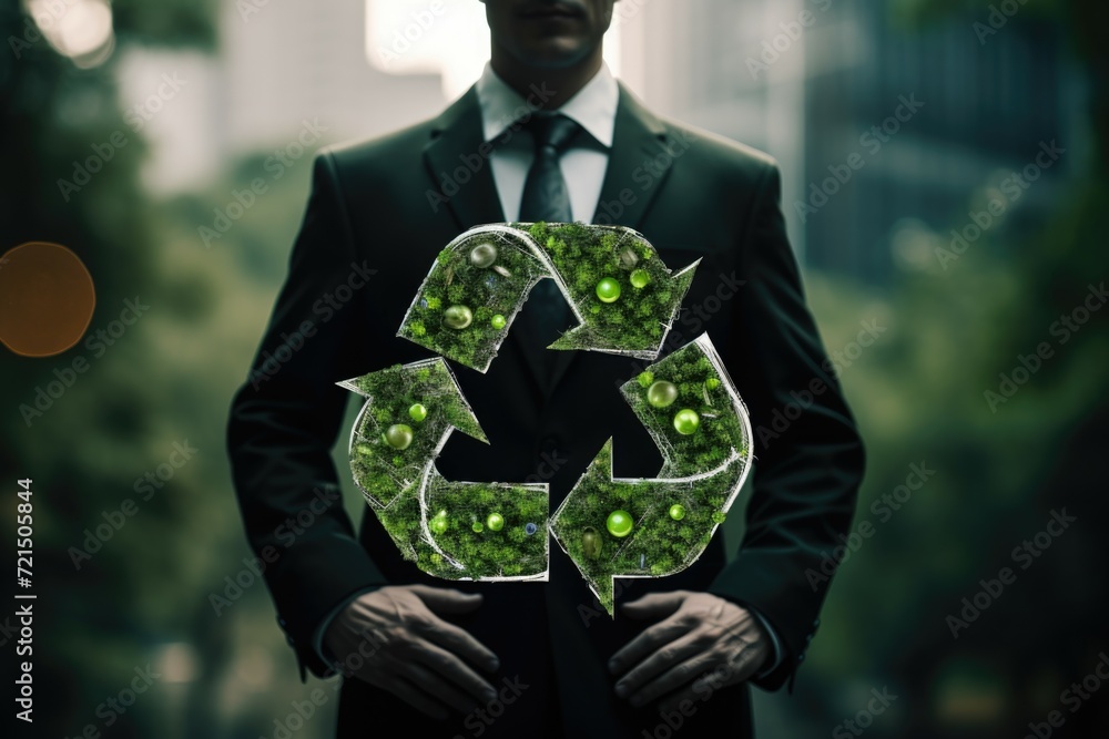 Poster a man in a suit and tie holding a recycling symbol. can be used to illustrate concepts related to re