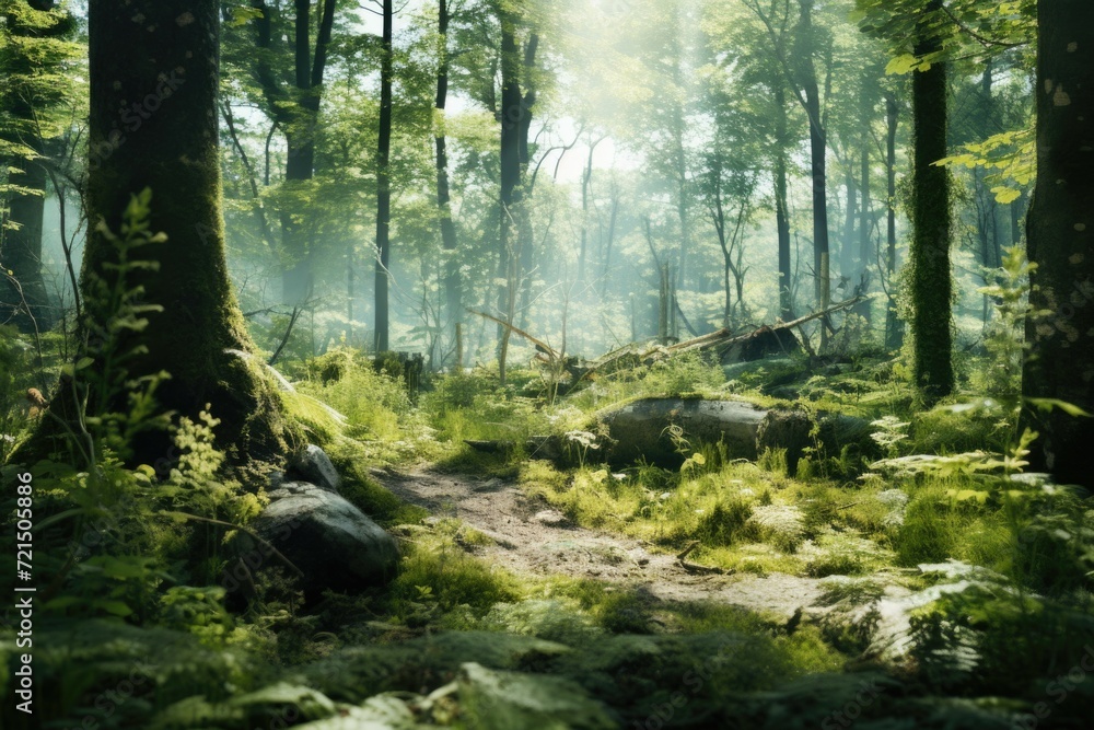 Poster a dirt path winding through a dense forest, surrounded by towering trees. ideal for nature and hikin