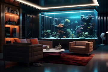 modern living room with a built in aquarium