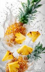 Fresh pineapple in water splash on white background
