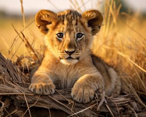 Portrait of a baby lion in his natural habitat