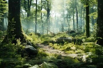 Obraz premium A dirt path winding through a dense forest, surrounded by towering trees. Ideal for nature and hiking-related projects