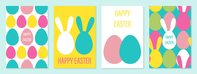 Happy Easter set of posters, cards or covers in modern minimalistic style with eggs and rabbit ears. Trendy cute templates for advertising, branding, congratulations or invitations