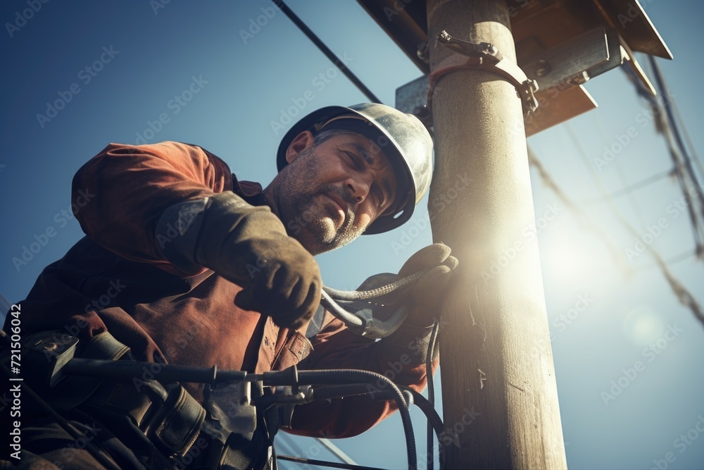 Poster a man is seen working on a power pole. this image can be used to depict electrical maintenance or re