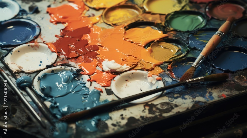 Poster paint palette and brush close-up. ideal for artistic projects and creative concepts