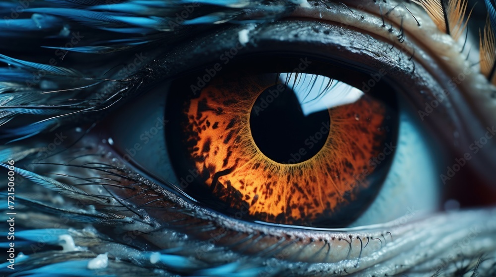 Poster a detailed close-up of a person's eye with delicate feathers. suitable for various creative projects