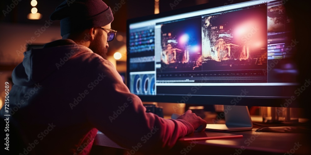 Poster a man sitting in front of a computer monitor. perfect for illustrating technology, work, or online a
