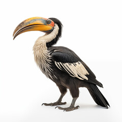 A detailed High quality, portrait image of a Hornbill bird full body placed on a white background.