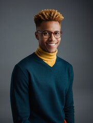 Fototapeta premium A person with short hair and glasses wearing a blue sweater and yellow turtle neck.