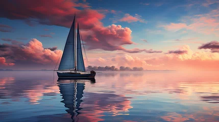 Rolgordijnen A lone sailboat on a tranquil lake, sails furled, waiting for the next aquatic adventure © Nature Lover