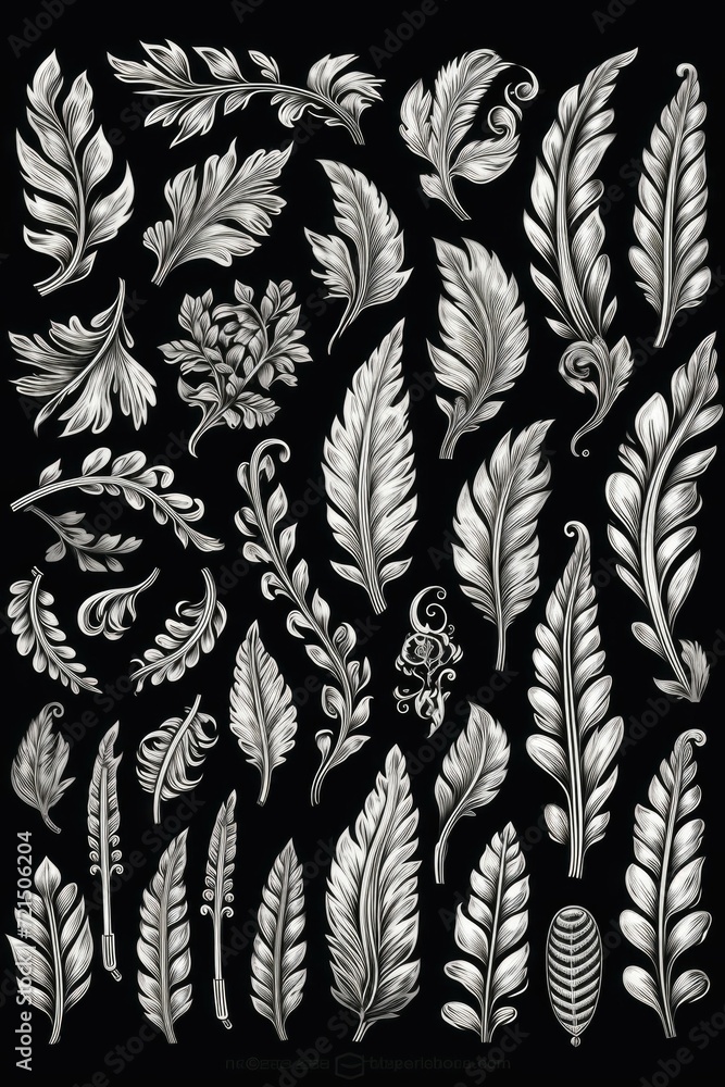 Poster a bunch of silver leaves on a black background. perfect for adding a touch of elegance to any design