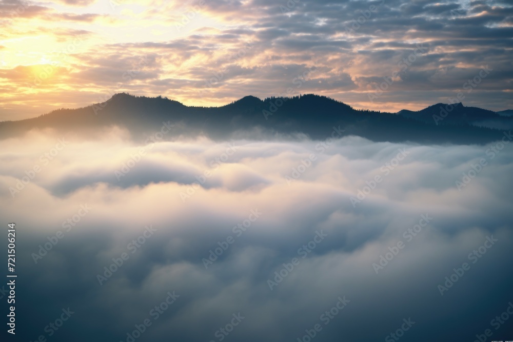 Poster a beautiful sunset scene with the sun setting over the clouds and mountains. perfect for nature and 
