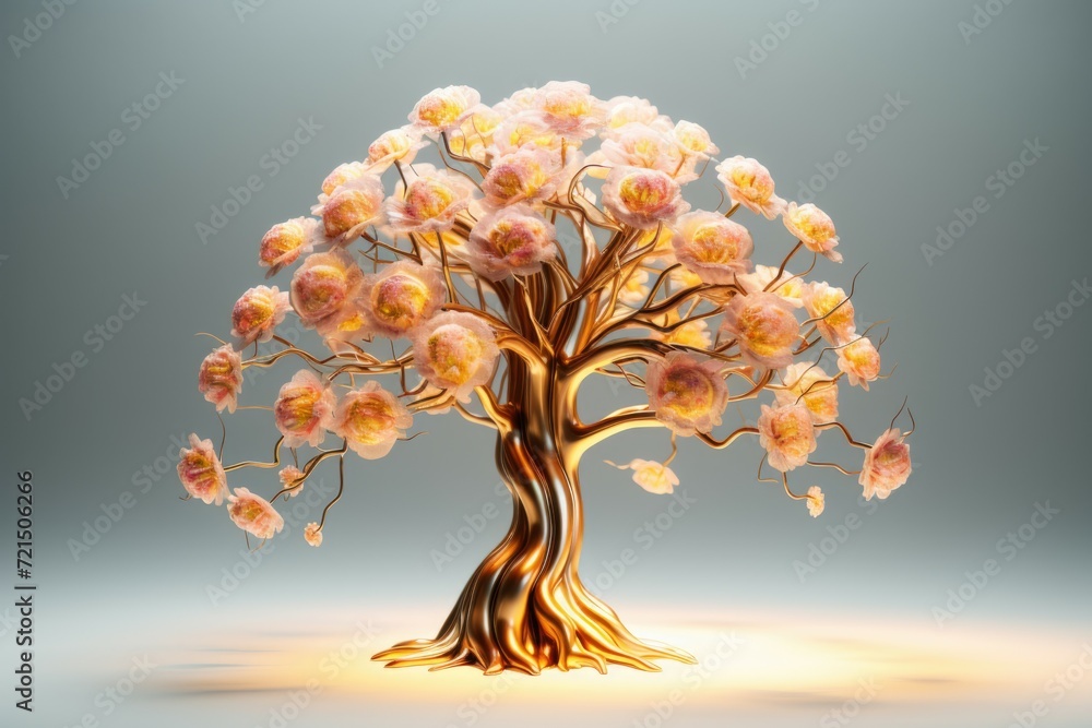 Poster a beautiful golden tree with pink flowers against a gray background. perfect for adding a touch of e