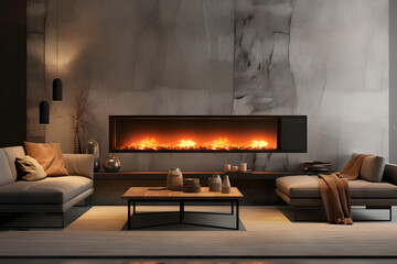 modern living room with a wall mounted linear fireplace - obrazy, fototapety, plakaty