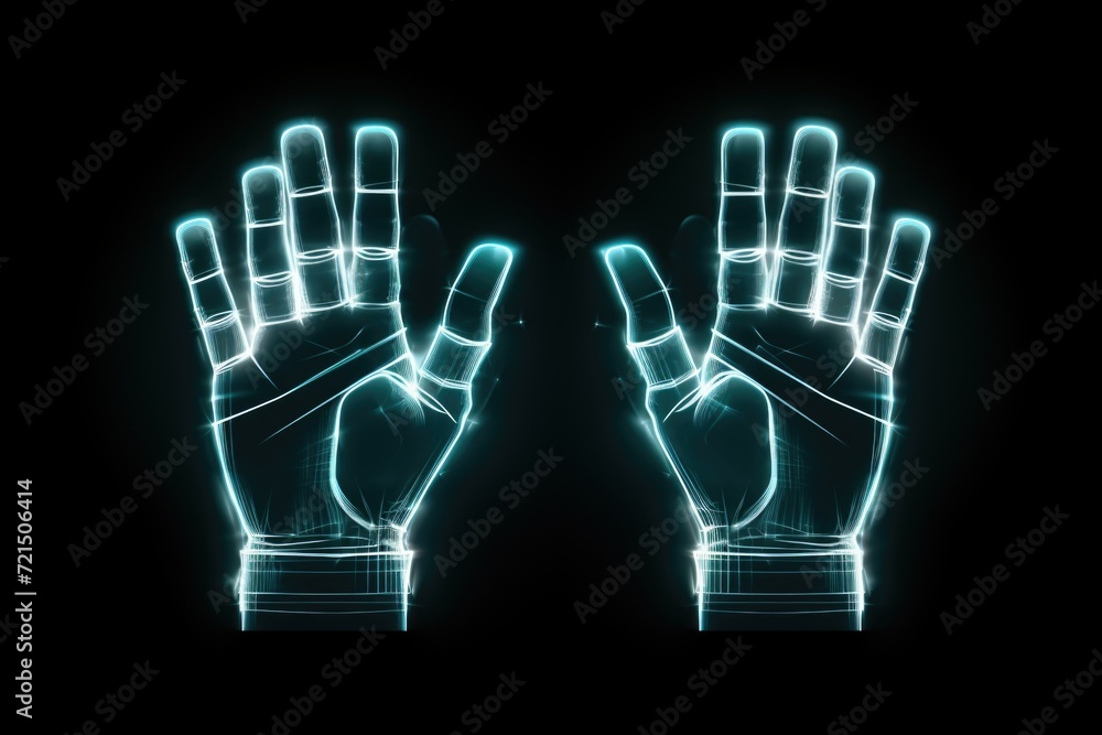 Poster Hands with glowing fingers in a dark setting. Suitable for various uses