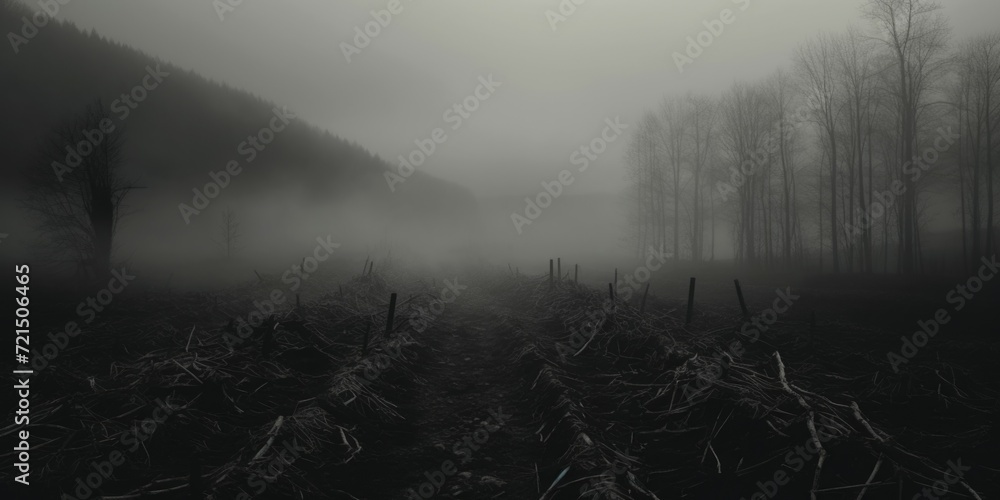 Aufkleber a black and white photo capturing the serenity and mystery of a foggy field. ideal for creating a se