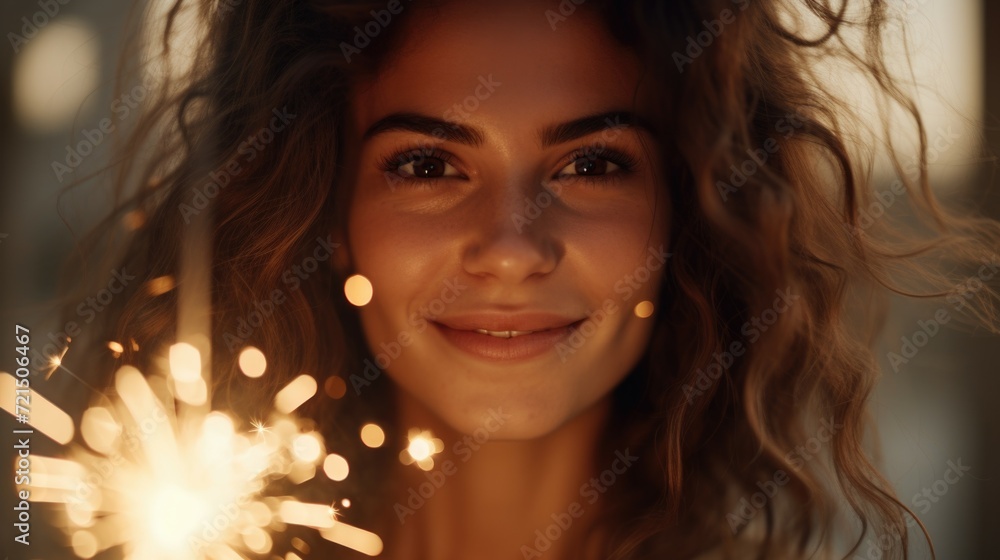 Poster a woman holding a sparkler in her hand. perfect for celebrating special occasions and adding a touch