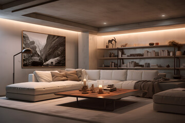 modern living room with recessed lighting - obrazy, fototapety, plakaty