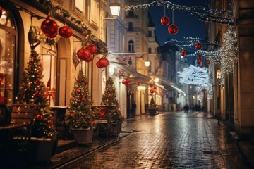 Fototapeta na wymiar A vibrant street adorned with beautiful Christmas lights and decorations. Perfect for adding a touch of holiday spirit to any project