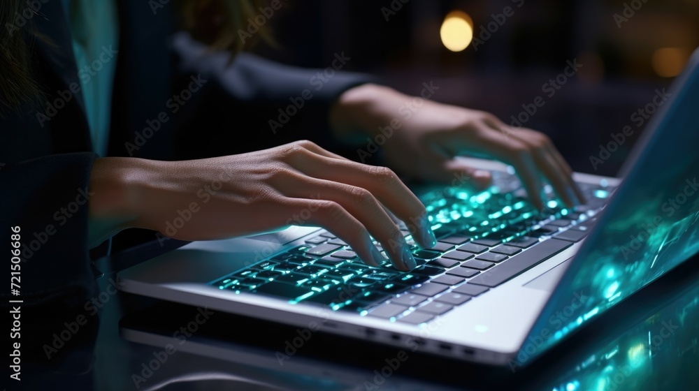 Aufkleber a woman is seen typing on a laptop computer. this image can be used to depict concepts related to te