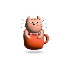 Illustration of a happy cartoon cat in an orange glass. 3D cute cat set. Vector pattern isolated on white background.