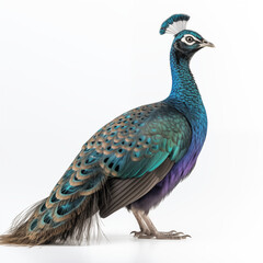 A detailed High quality, portrait image of a peacock bird full body placed on a white background.